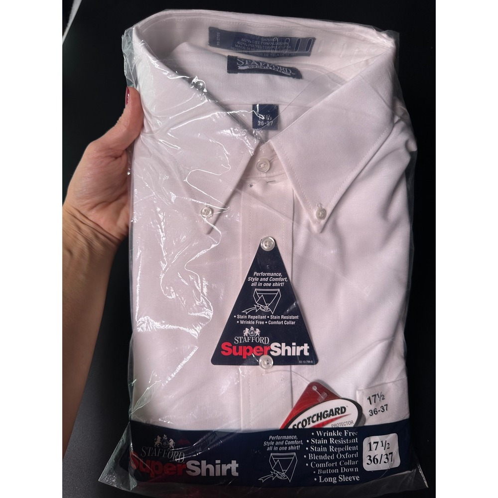 Stafford SuperShirt Mens White Dress Shirt 17.5 36/37 Long Sleeve New 0402